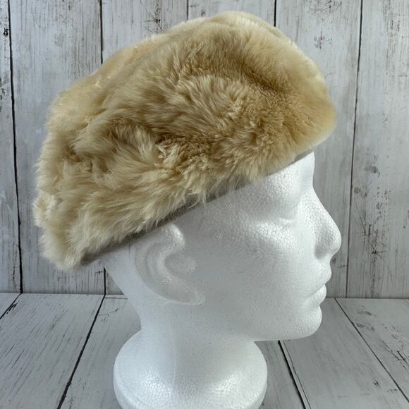 VTG Amrose Beige Gray Fur Pillbox Cloch Hat with Bow 1950\'s 1960\'s One Size